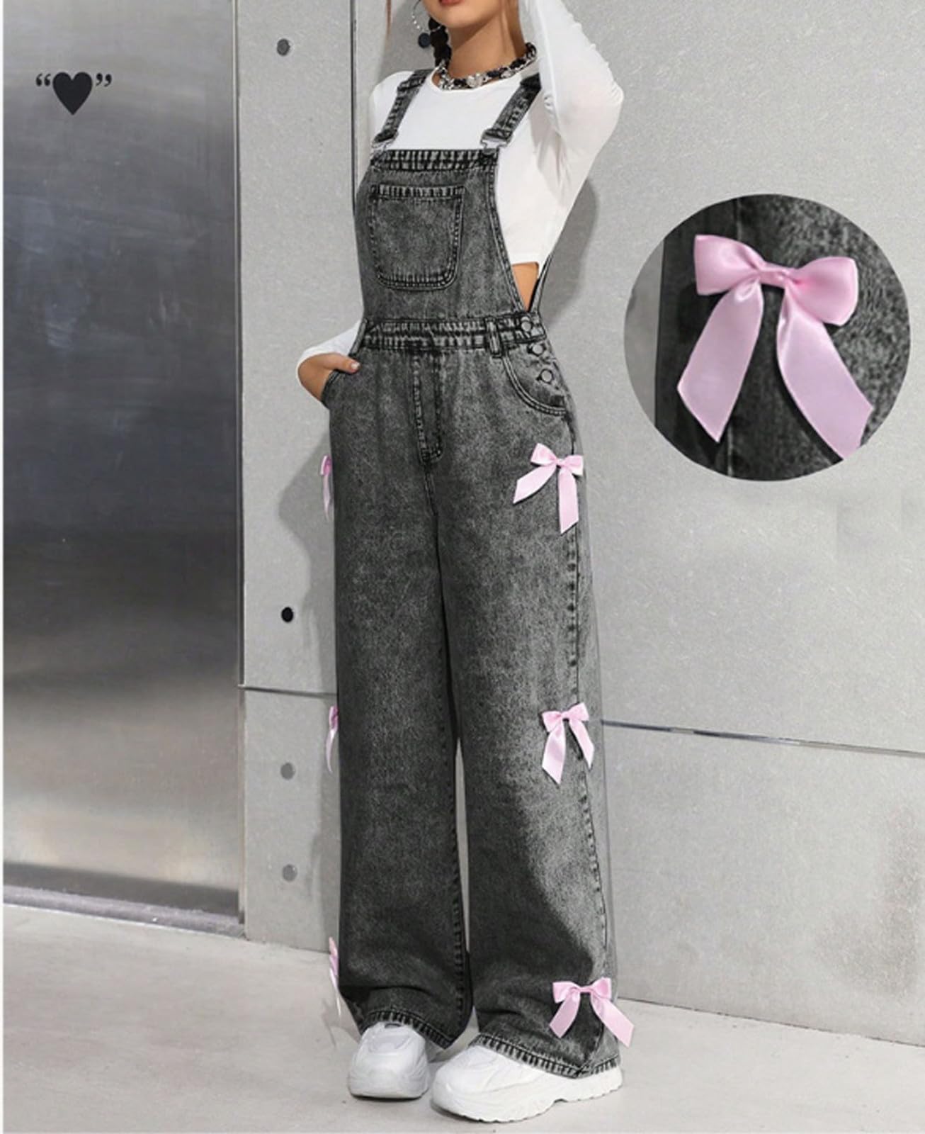 Generisch - Tuta in jeans con lavaggio a fiocco di neve, gamba larga, decorazione con fiocco, stile casual, per adolescenti, salopette in denim robusto per la scuola e il tempo libero