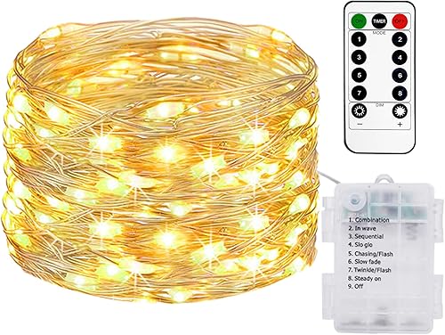 Miniatura 7 de Paquete de 6 tiras de 100 luces LED de 33 pies, funciona con pilas con control remoto y temporizador, guirnalda de luces de batería impermeable