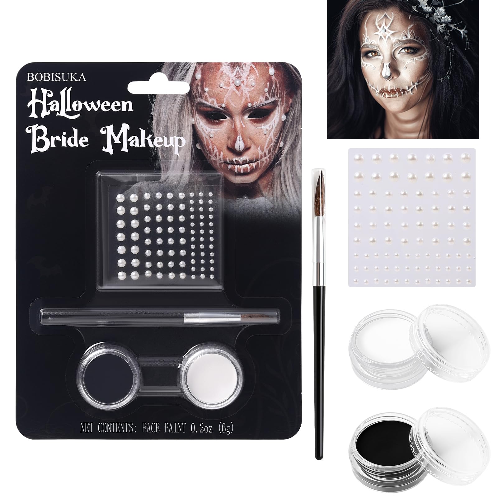Kit de pintura facial en blanco y negro, kit de maquillaje de Halloween incluye pintura, pincel, accesorios de disfraz, hoja de cristal para maquillaje de esqueleto SFX