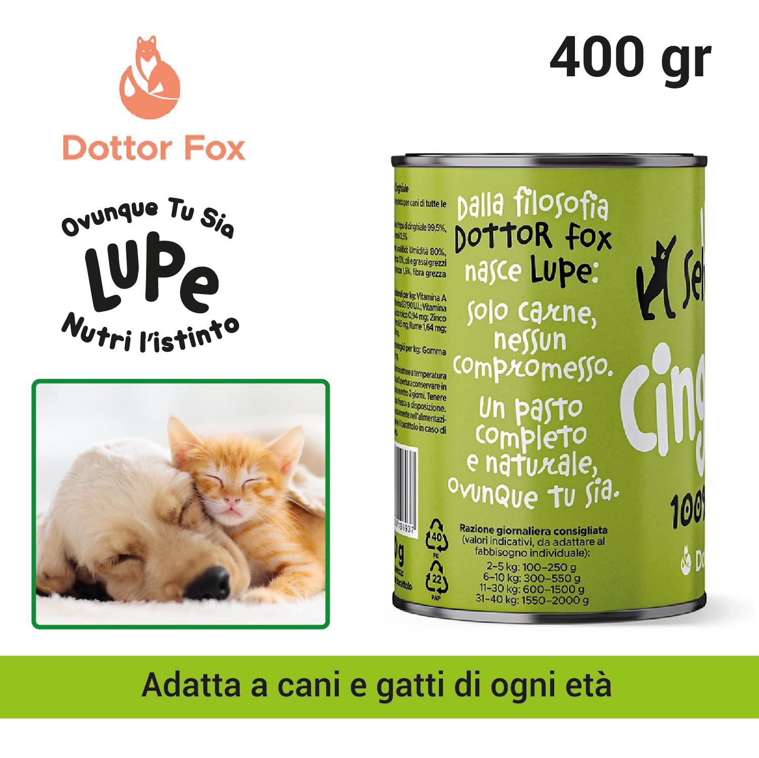 Lupe Polpa di Cinghiale, Alimento Umido Monoproteico per Cani e Gatti, 99,5% Cinghiale Italiano, Senza Cereali, Pasto Completo Ispirato alla BARF, 400 g