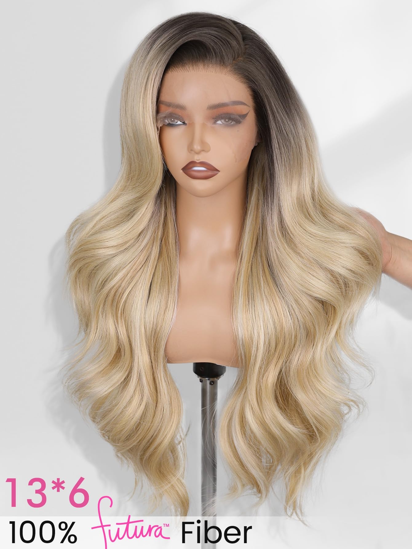 WIGNEE 13x6 Lace Front Wig Ombre Blond Flip Curl Salonowy Styl Dla Kobiet | Włókno Futura odporne na ciepło, Bezklejowa HD Lace Front falista peruka, 74 cm modne Flip Curl dla kobiet