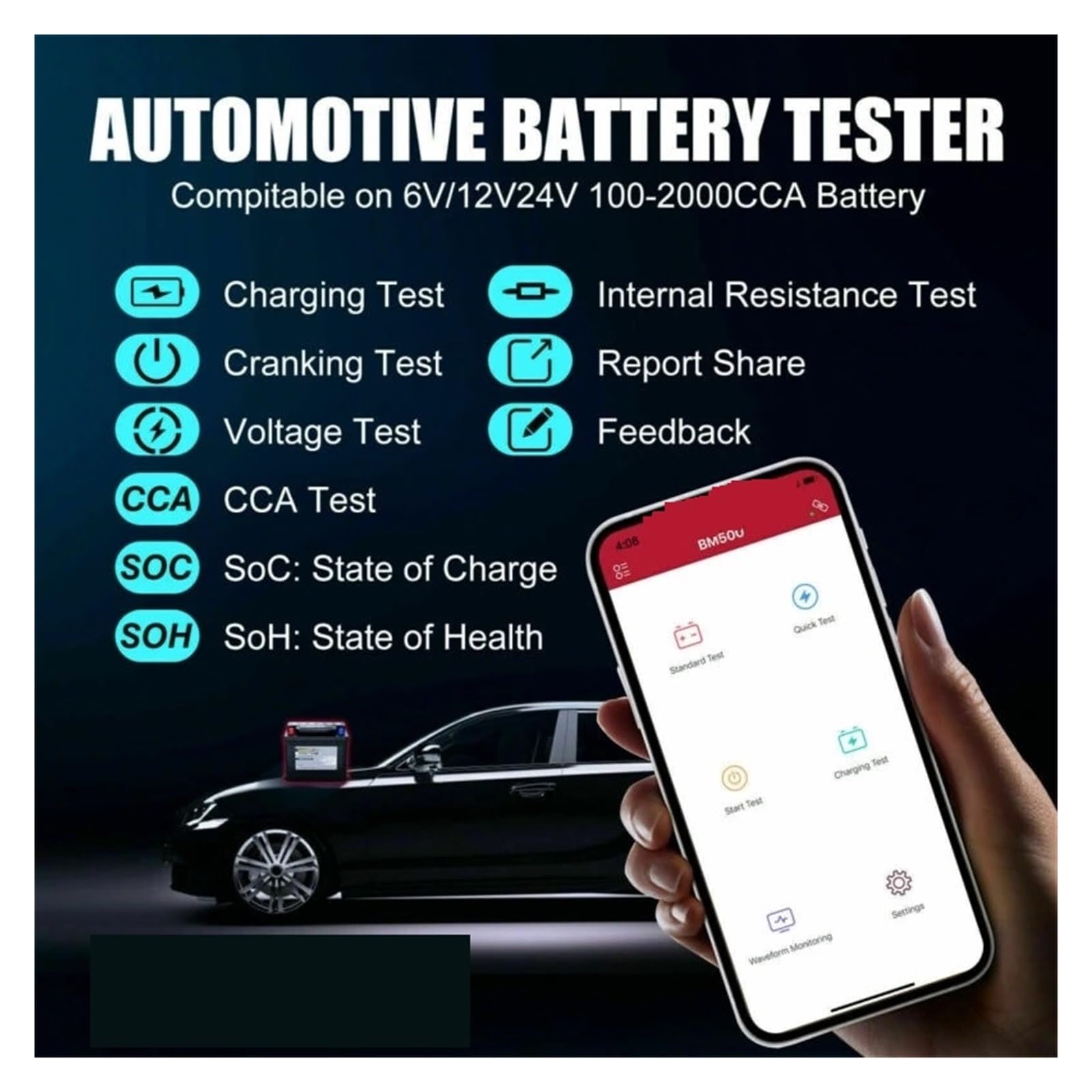 Tester Akumulatora Samochodowego Bluetooth 4.0 6V 12V 24V Akumulator 100 Do 2000 CCA Test Systemu Ładowania Rozruchu Samochodu Szybkie Dokładne Wykrywanie