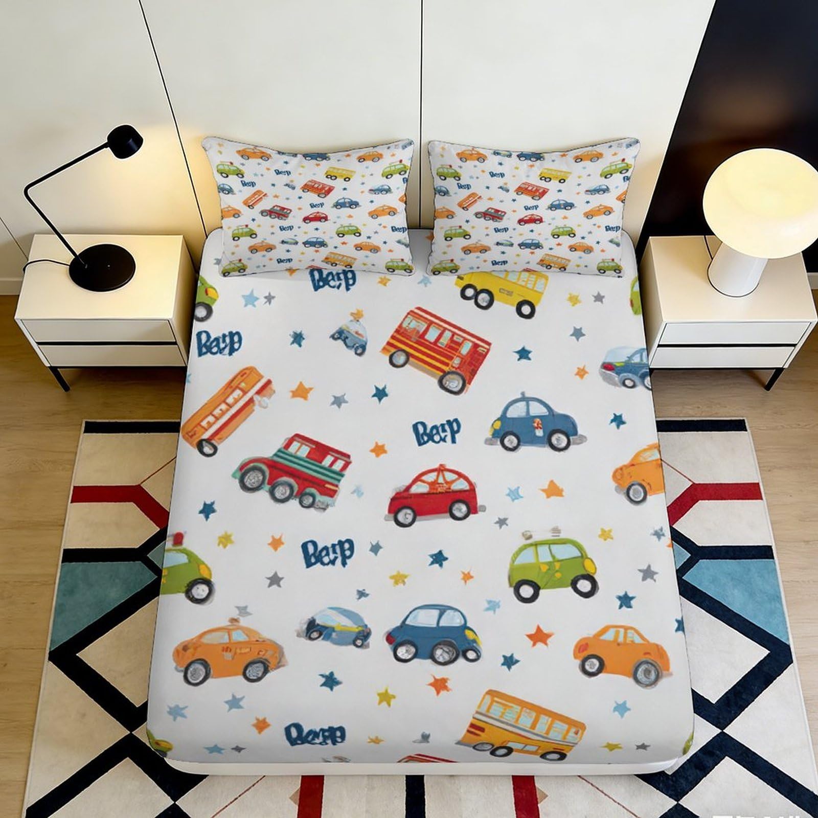 Kzqnxhjprl Style-8 3D Printed Colorful Cartoon Car Fitted Sheet Microfiber Soft Anti-Slip Vehicle Mattress Cover For Bedroom Guestroom Decor 90X200x25cm