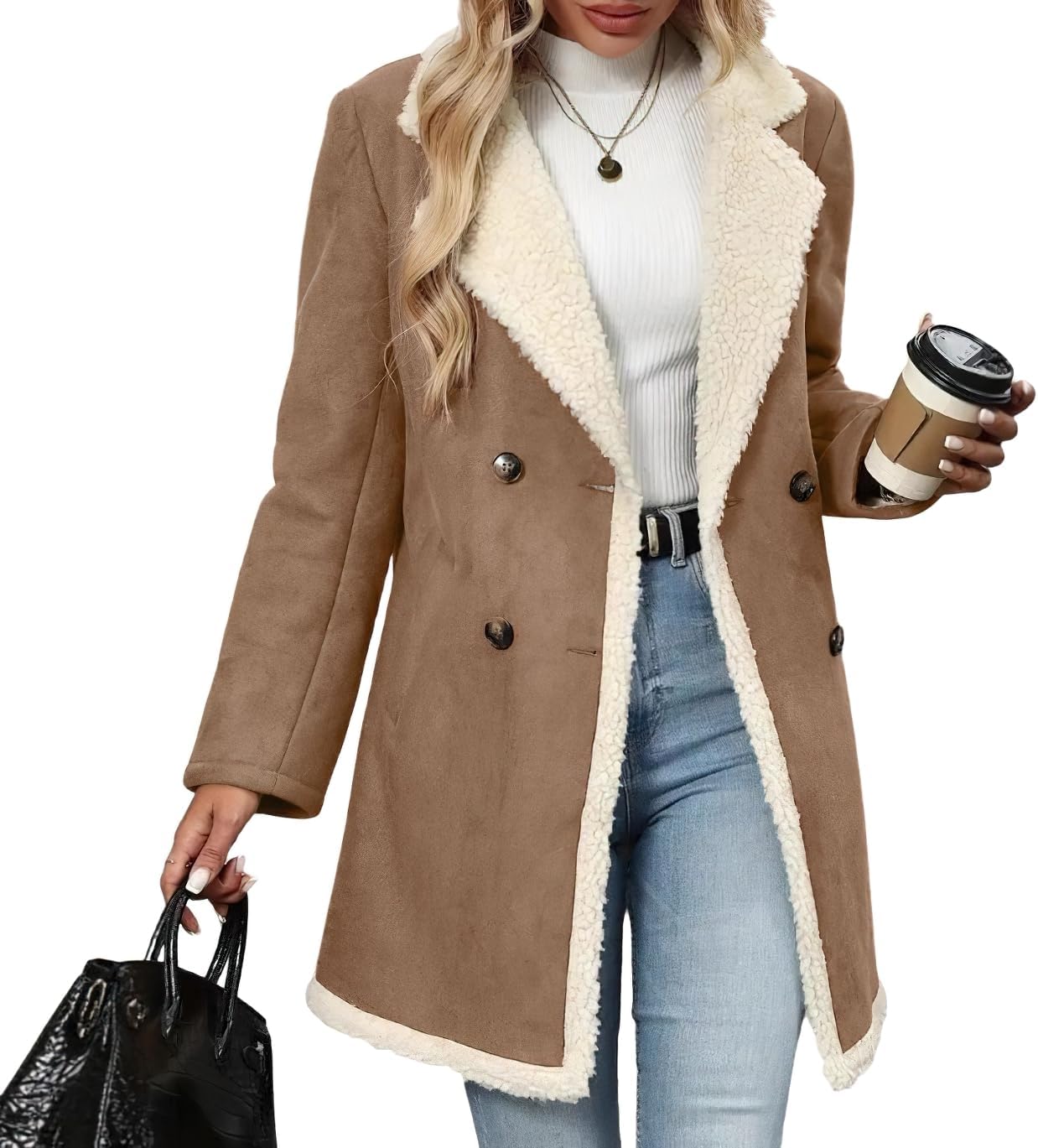 Ru Sweet Women's Winter Sherpa Lined Faux Suede Jacket Coat Notch Lapel Double Breasted Peacoat