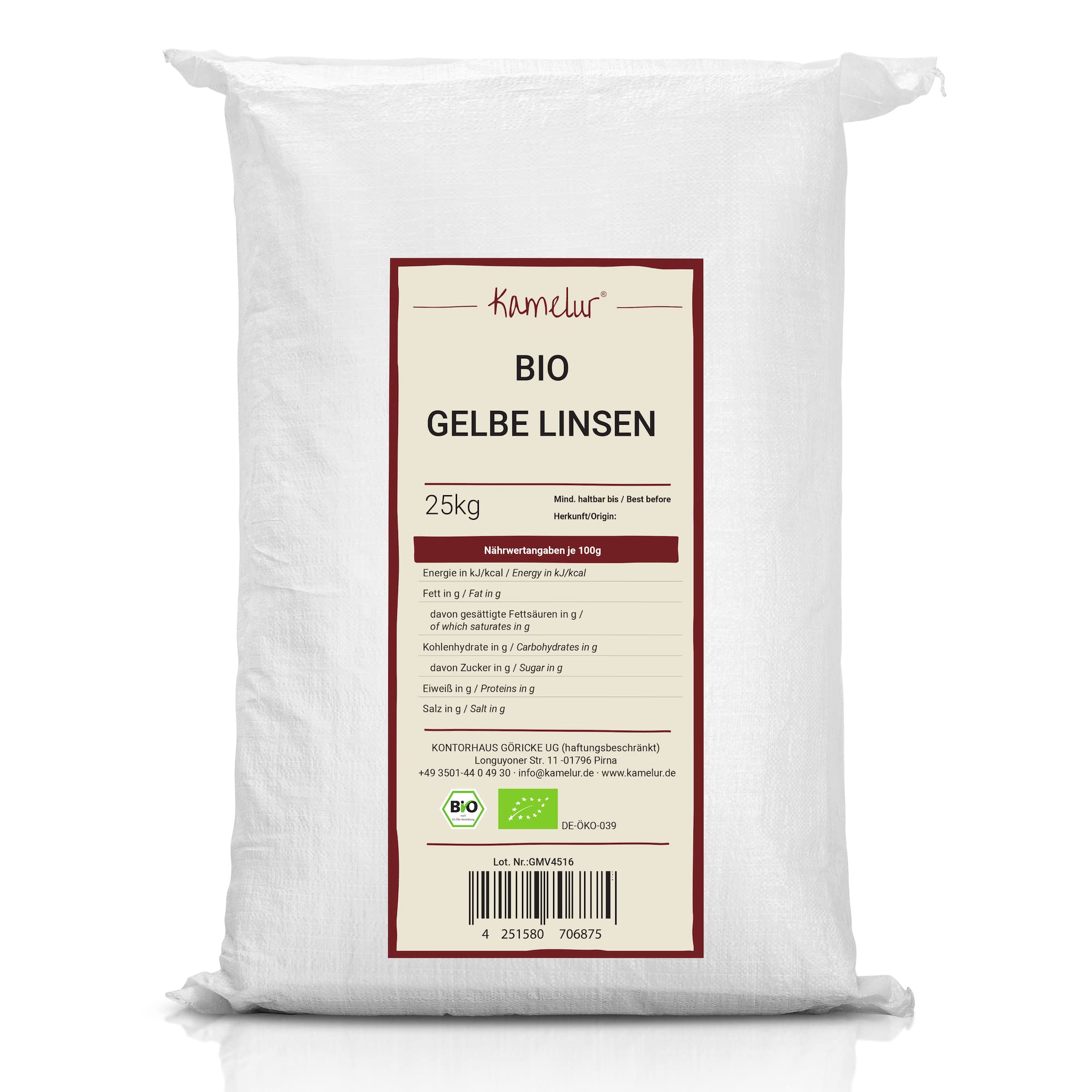 Kamelur 25kg BIO gelbe Linsen getrocknet – getrocknete Hülsenfrüchte, Linsen BIO Split & poliert – Linsen gelb in der Großpackung