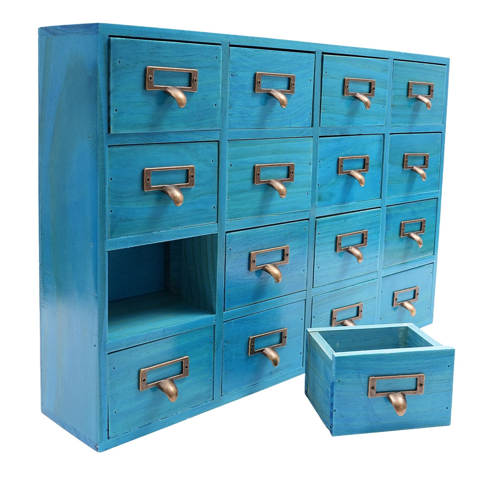 Armoire apothicaire avec tiroirs, 50,5 x 9,5 x 35 cm, 16 tiroirs d'apothicaire vintage pour la maison et le bureau, Boîte de rangement pour bijoux, armoire de rangement en bois pour bijoux, bleu