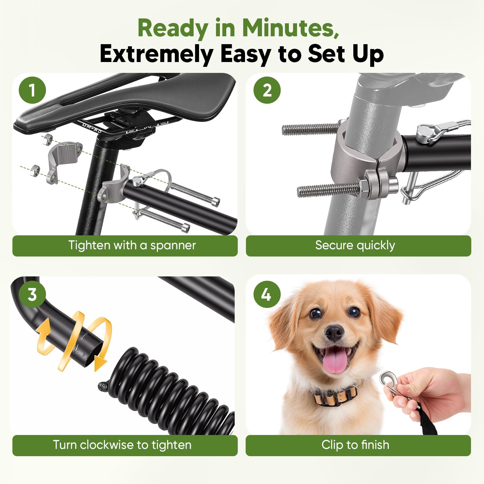 Correa de Perro para Bicicleta con Brazo en U y Amortiguación Doble, Soporte Canino para Ciclismo Montaje Rápido Ajustable Anti-Mordeduras, para Perros Grandes Bicicleta Eléctrica Triciclo, Negro