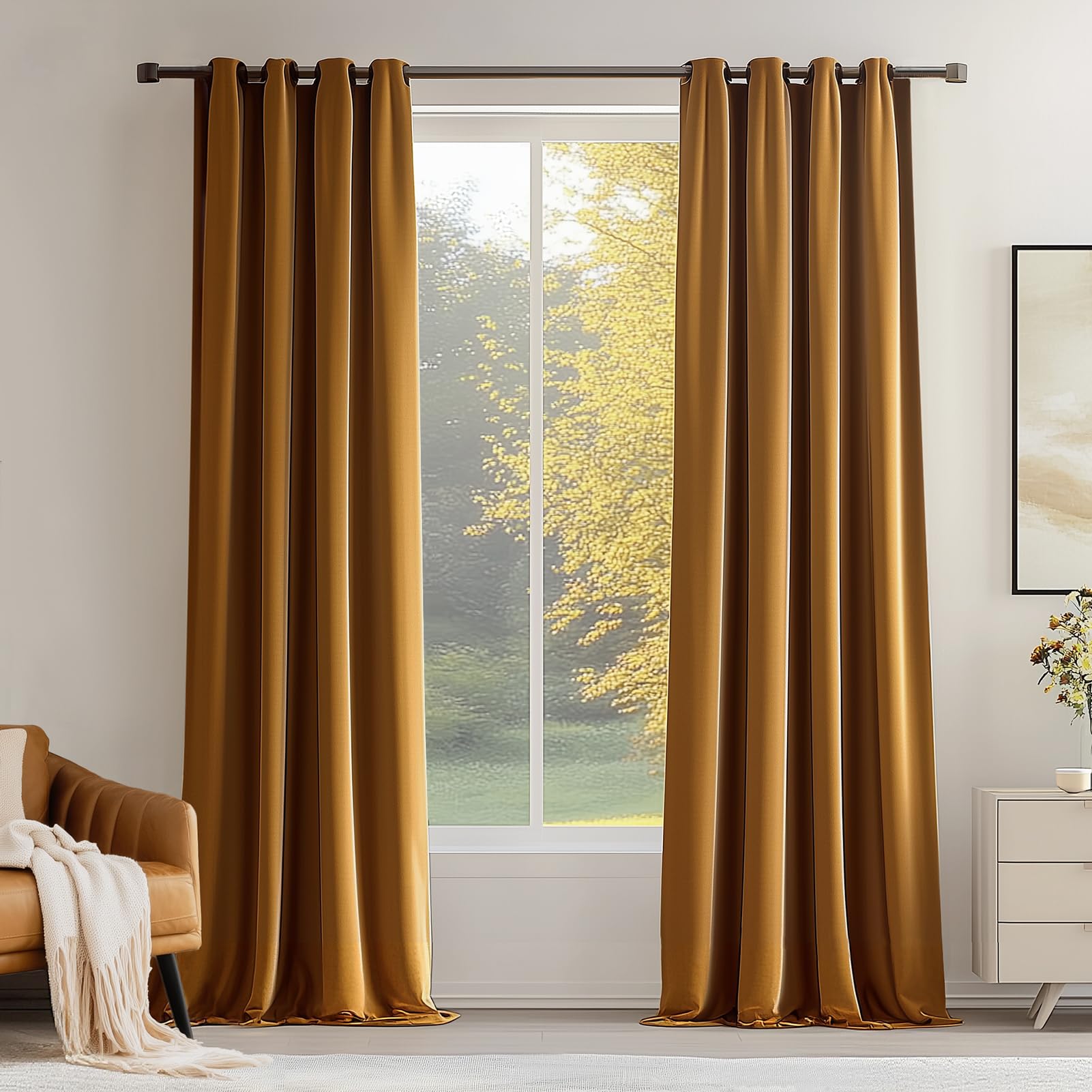 Topfinel Velvet Curtains 90 Inch Long,Golden Brown Copper Blackout Thermal Nursery Light Blocking Window Curtains for Bedroom,Sound Dampening Privacy Decorative Drapes 2 Panels Holiday Home Decor
