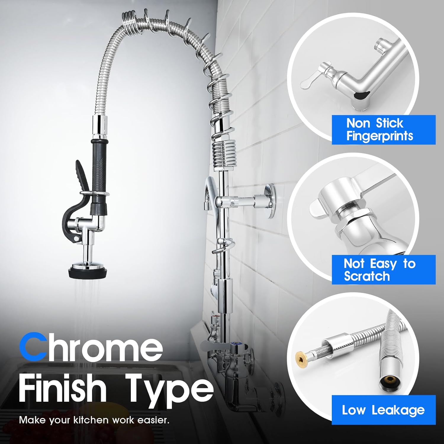 Commercial Kitchen Faucet with Pre-Rinse Sprayer 8 Inch Center Wall Mount Kitchen Sink Faucet with Pull Down Spray - 25" Height Compartment Sink Faucets with 12 Inches Add-On Spout - Image 2