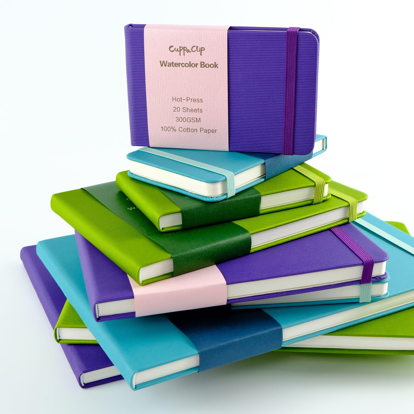 CuppaClip Quaderno per schizzi con carta ad acquerello in cotone pressato a caldo con tasca interna, diario da viaggio, 300 g/m², 63,5 kg (viola+verde, 14,8 x 9,5 cm)
