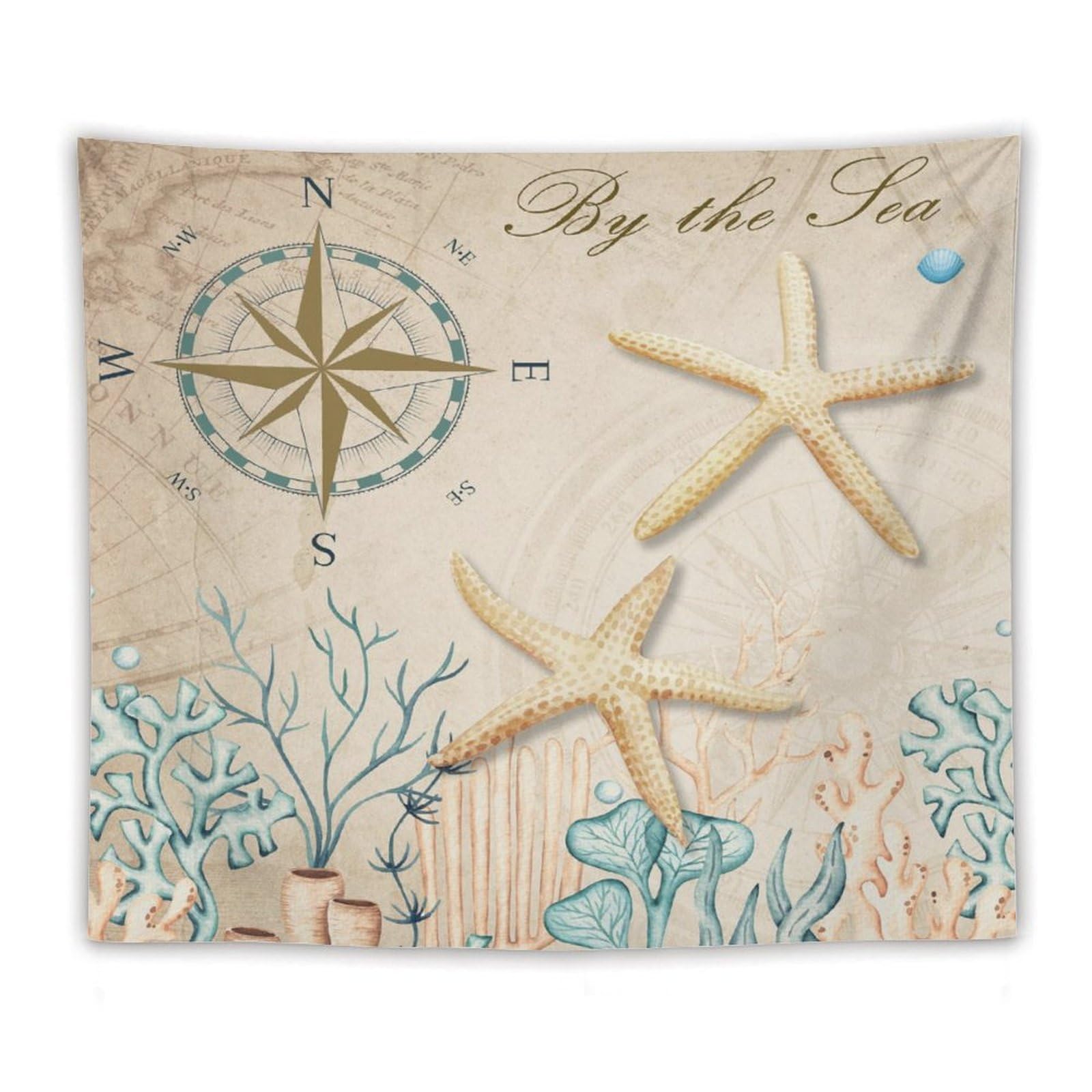 Vintage Seashell Starfish Tapestry, Retro Nautical Undersea Beach Coastal Sea Coral Wall Hanging Neutral Home Decor Art for Living Room Bedroom Dorm 90"x60"