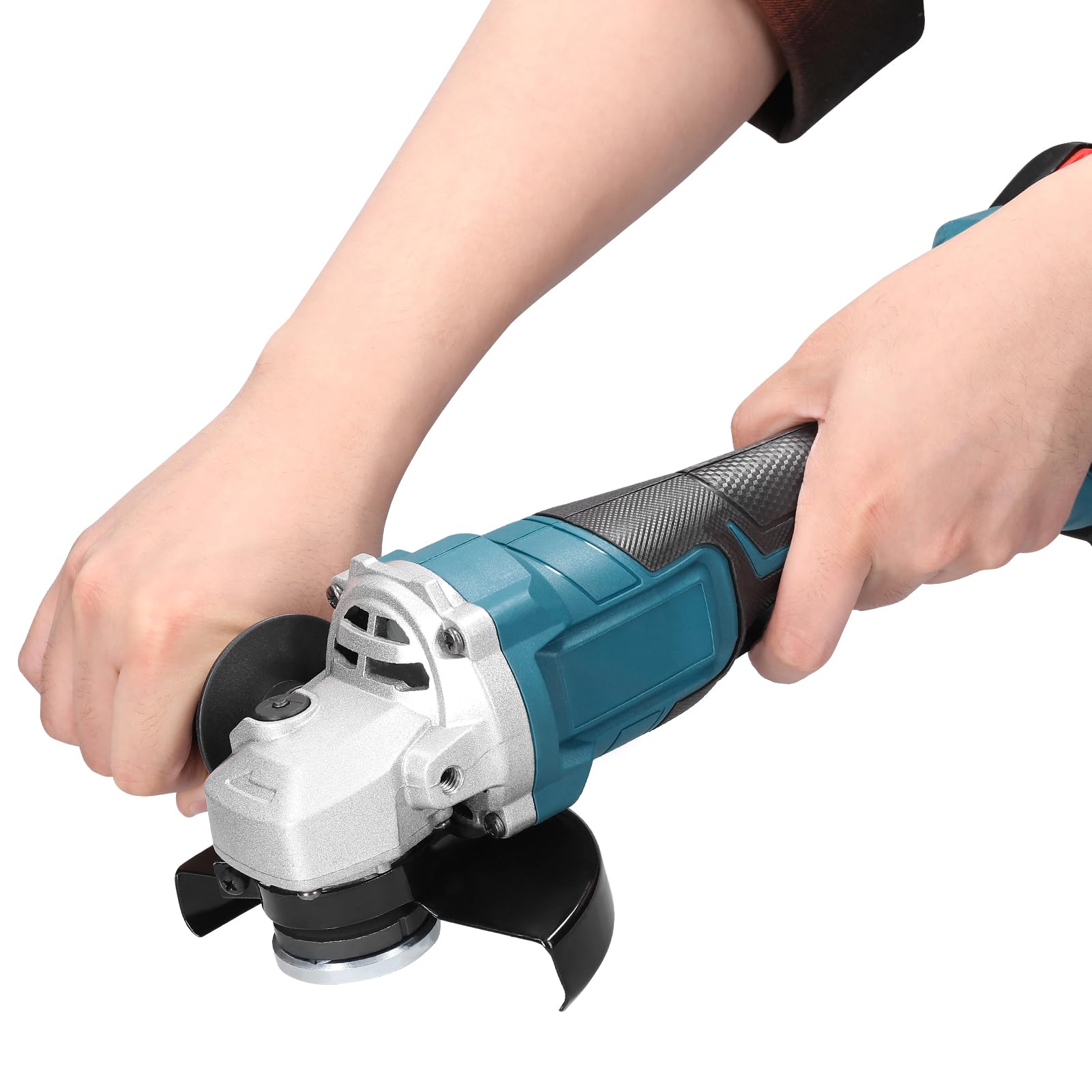 Weytoll Amoladora angular inalámbrica 125 mm, 21 V, motor sin escobillas, 2 baterías 1300 mAh, deflector grueso, mango auxiliar, velocidad regulable, bloqueo husillo