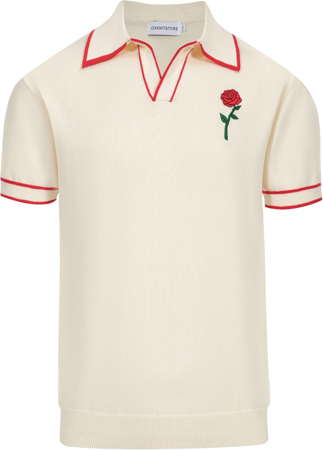 OXKNIT Men's Knit Vintage Polo Shirts Short-Sleeve Casual V Neck Shirt with Embroidered Rose for Sport Work