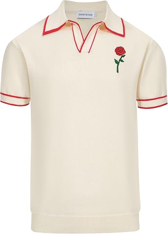 OXKNIT Men's Knit Vintage Polo Shirts Short-Sleeve Casual V Neck Shirt with Embroidered Rose for Sport Work
