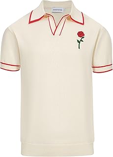 OXKNIT Men's Knit Vintage Polo Shirts Short-Sleeve Casual V Neck Shirt with Embroidered Rose