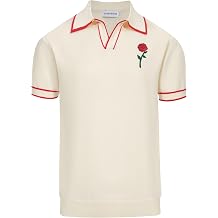 OXKNIT Men's Knit Vintage Polo Shirts Short-Sleeve Casual V Neck Shirt with Embroidered Rose for Sport Work
