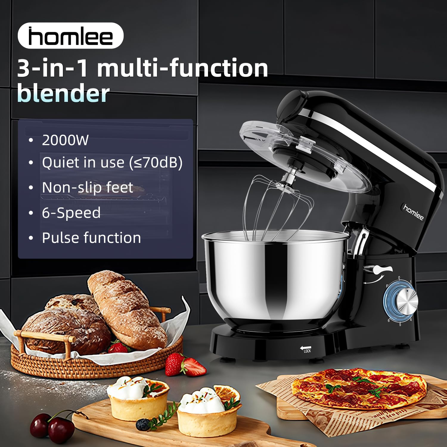 Homlee 3 in 1Universal Küchenmaschine 2000W Multifunktionale Knetmaschine 6-stufige Gescheindigkeit Mixer, mit Fleischwolf, 1.5L Saftpresse, 5.5L Edelstahlschüssel knetmaschine