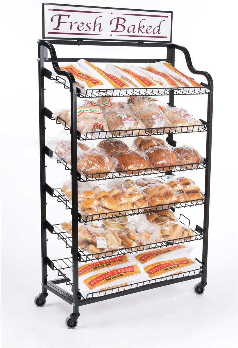 Displays2go Standing Metal Wire Rack with Two Optional Sign Holders, Wire Storage Rack and Wheels, Black (BAKCRT6WBK)