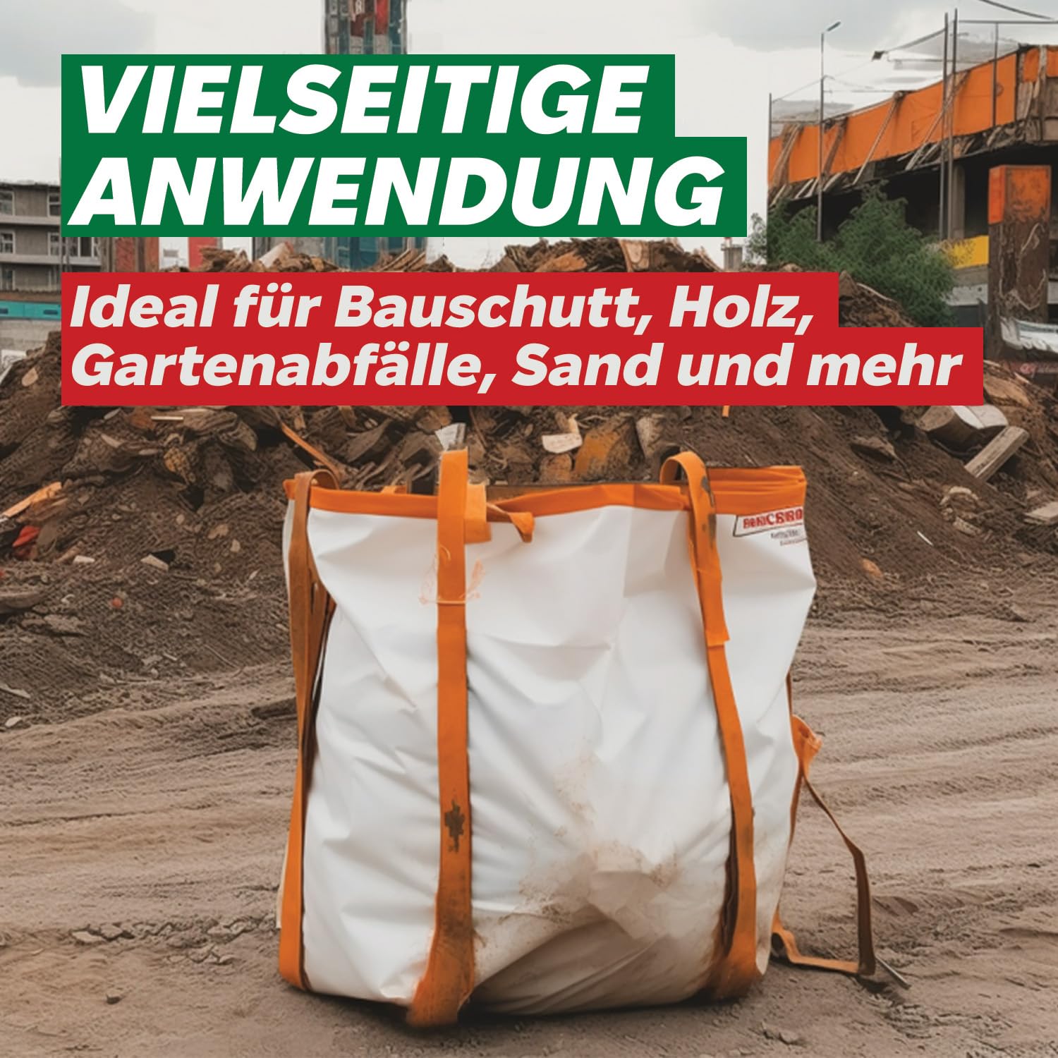 Big Bag mit 6 Schlaufen, 2 Schlaufen unten, 4 Schlaufen zum Heben - Säcke für Bauschutt, Holz, Gartenabfälle, Sand - Kiessäcke 90 x 90 x 90 cm, Big Bags mit einer Tragfähigkeit von 1000 kg (15 stück)