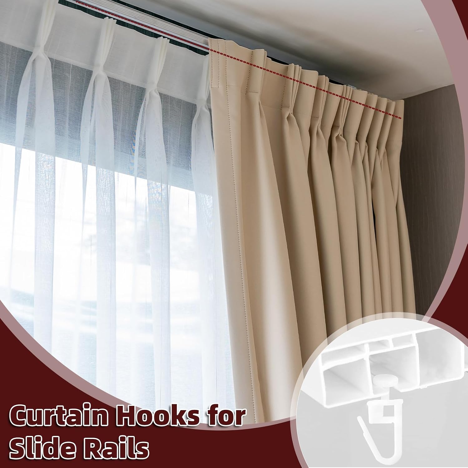 JJUNW 100 Pcs Curtain Track Hooks, Curtain Hooks, Curtain Gliders with 10 mm Head for Curtain Rails, Curtain Rail Ceiling Gliders Set Lockable Folding Hanging Hooks for Room and Dividers
