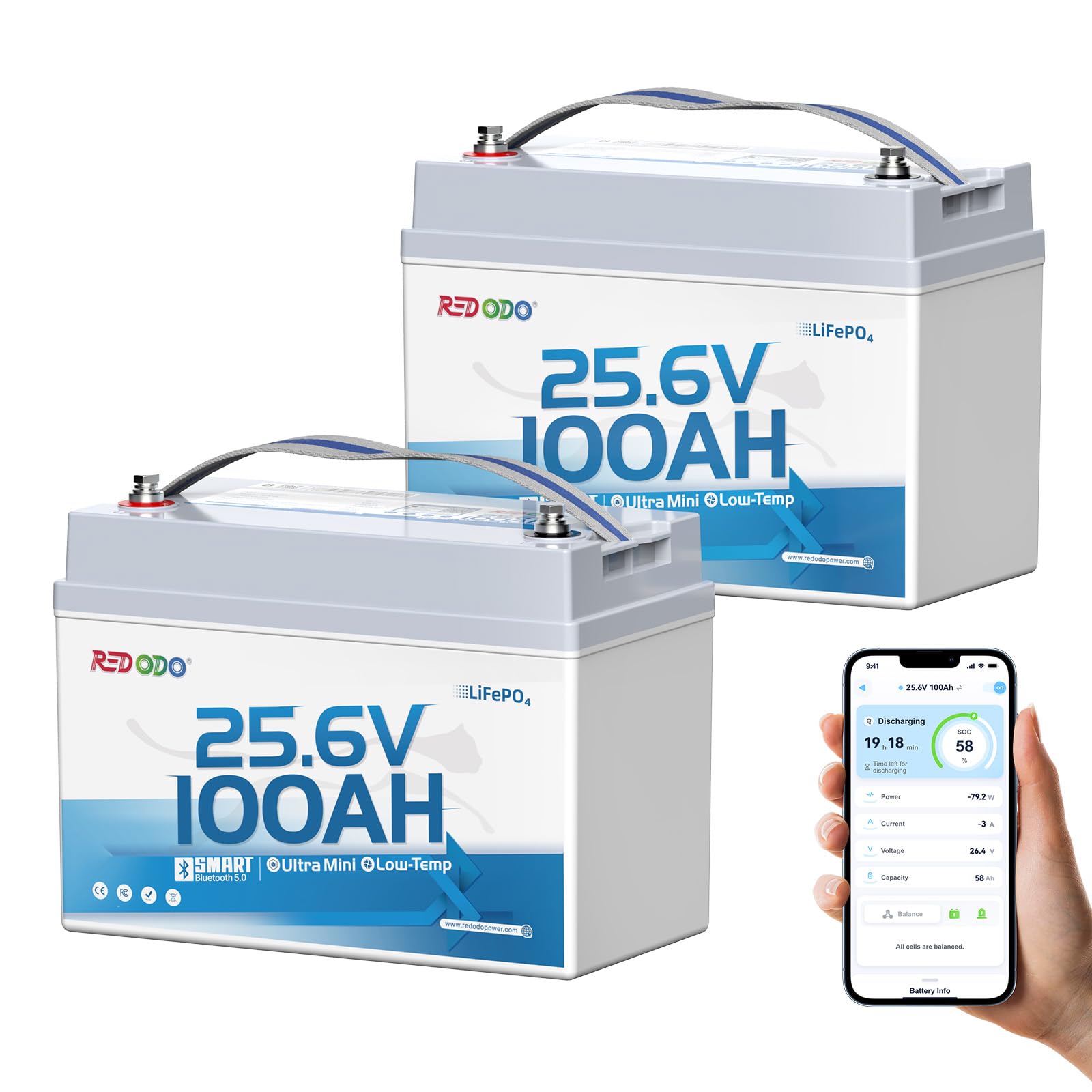 Redodo 24V 100Ah LiFePO4 Trolling Motor Battery, Group 31, 2 Pack