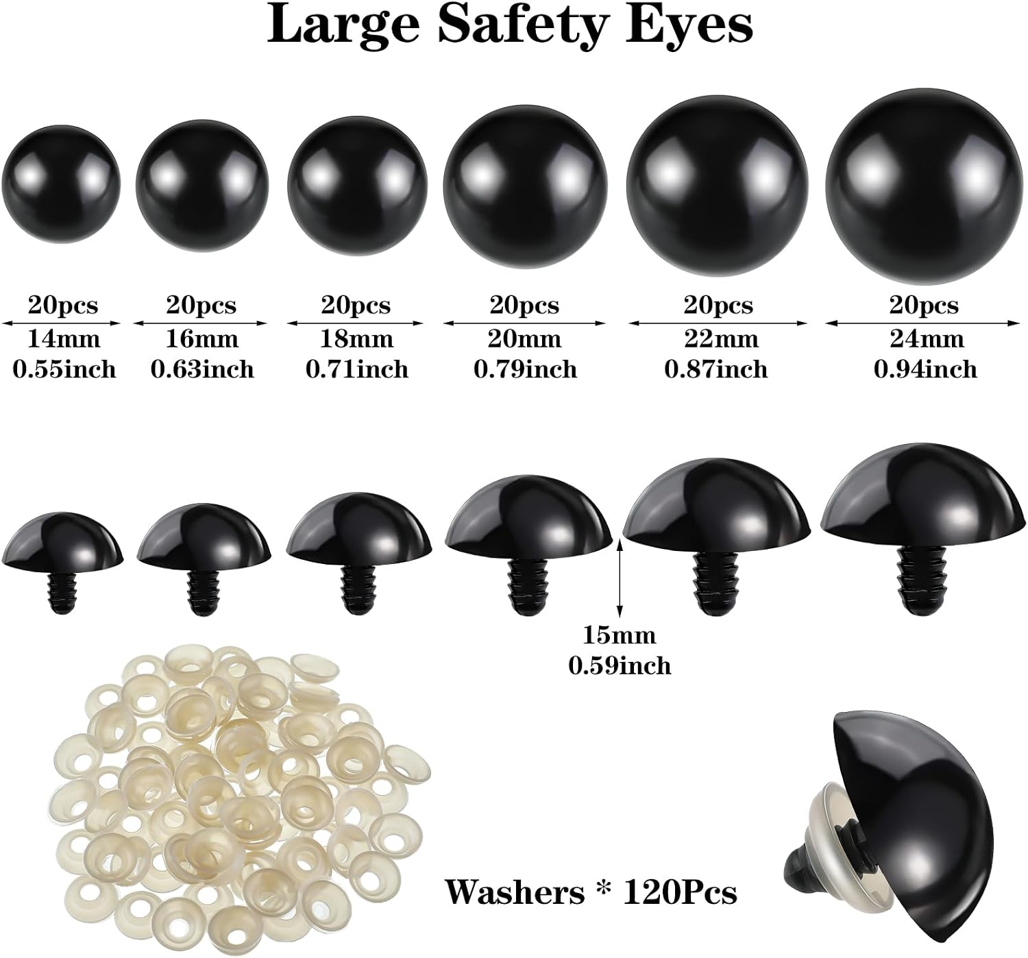 Jetec 120 Pcs Black Safety Eyes for Amigurumi, 14-24 mm, 6 Sizes