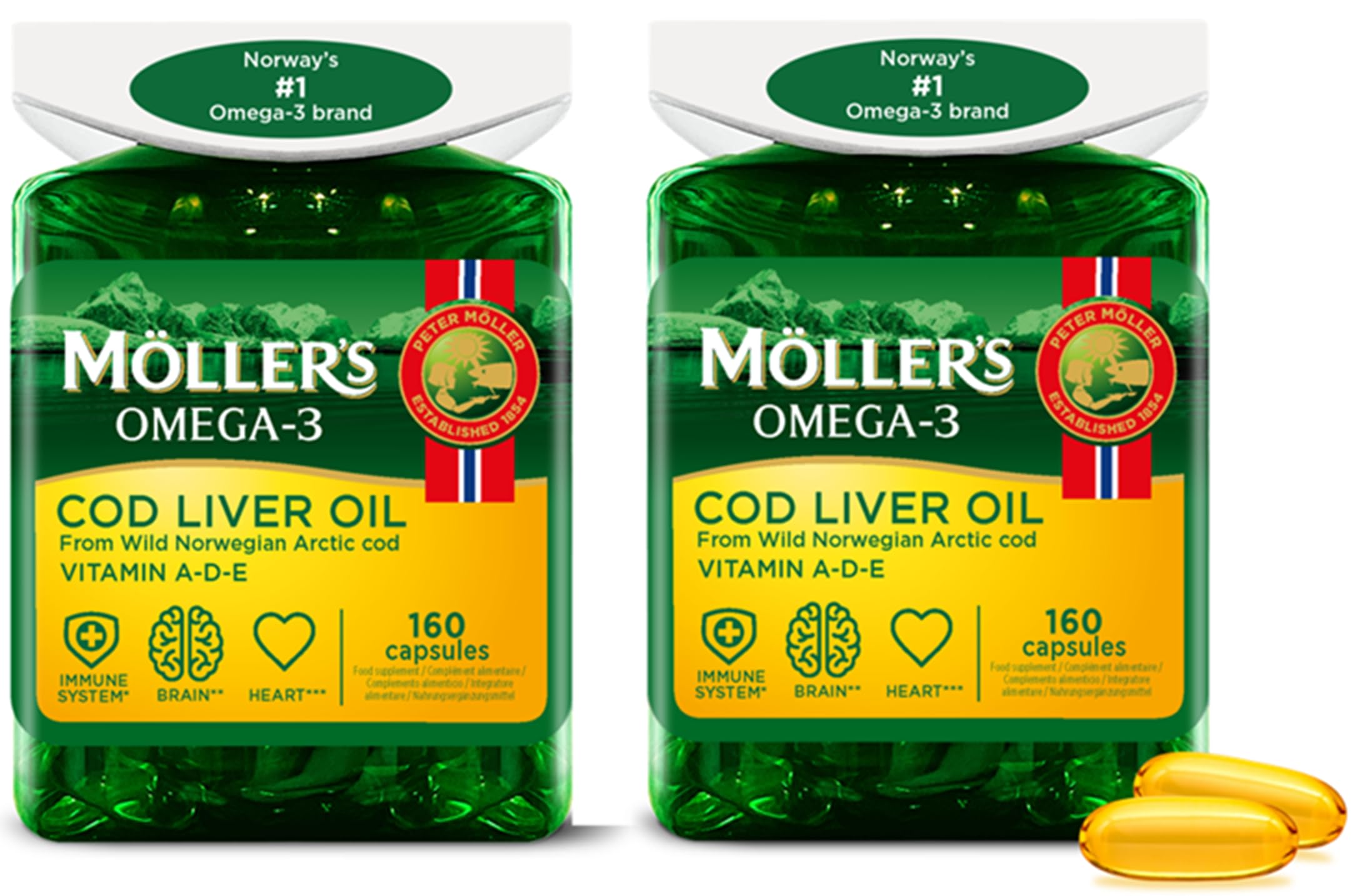Möller’s ® | Cápsulas de aceite de hígado de bacalao | Ácidos grasos Omega-3 DHA y EPA, con vitaminas A, D y E | Sistema inmune, función cardíaca, función cerebral y visión | 160 cápsulas