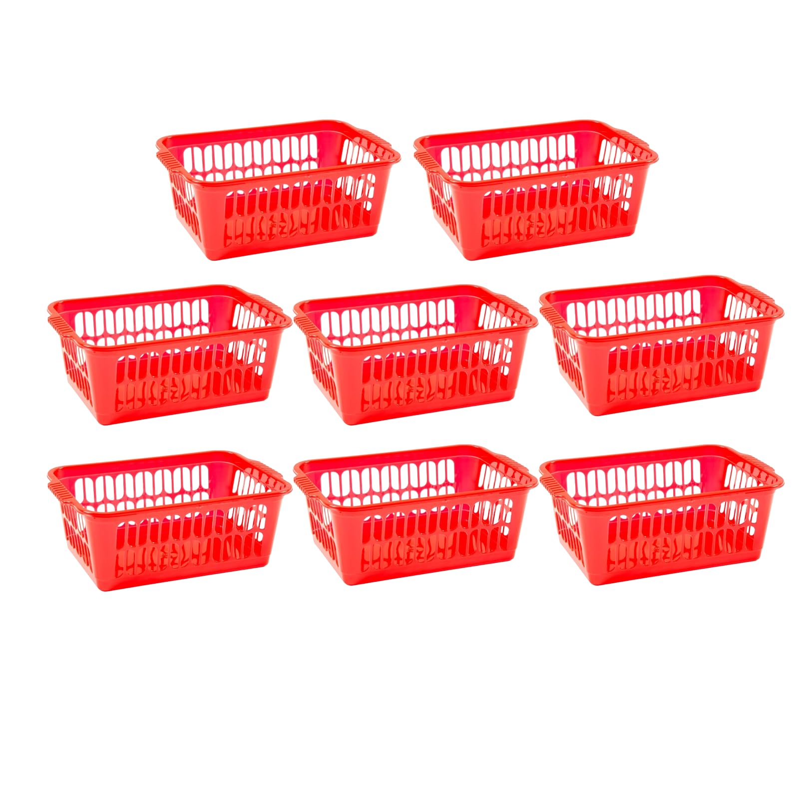 Set of 8 - Large Plastic Storage Baskets | Office Home and Kitchen Handy Tidy Organiser, Plastic Shallow For Storage Shelf Baskets, Bathroom, School Classroom, Pharmacies 37 x 25 x 14 cm (Red)