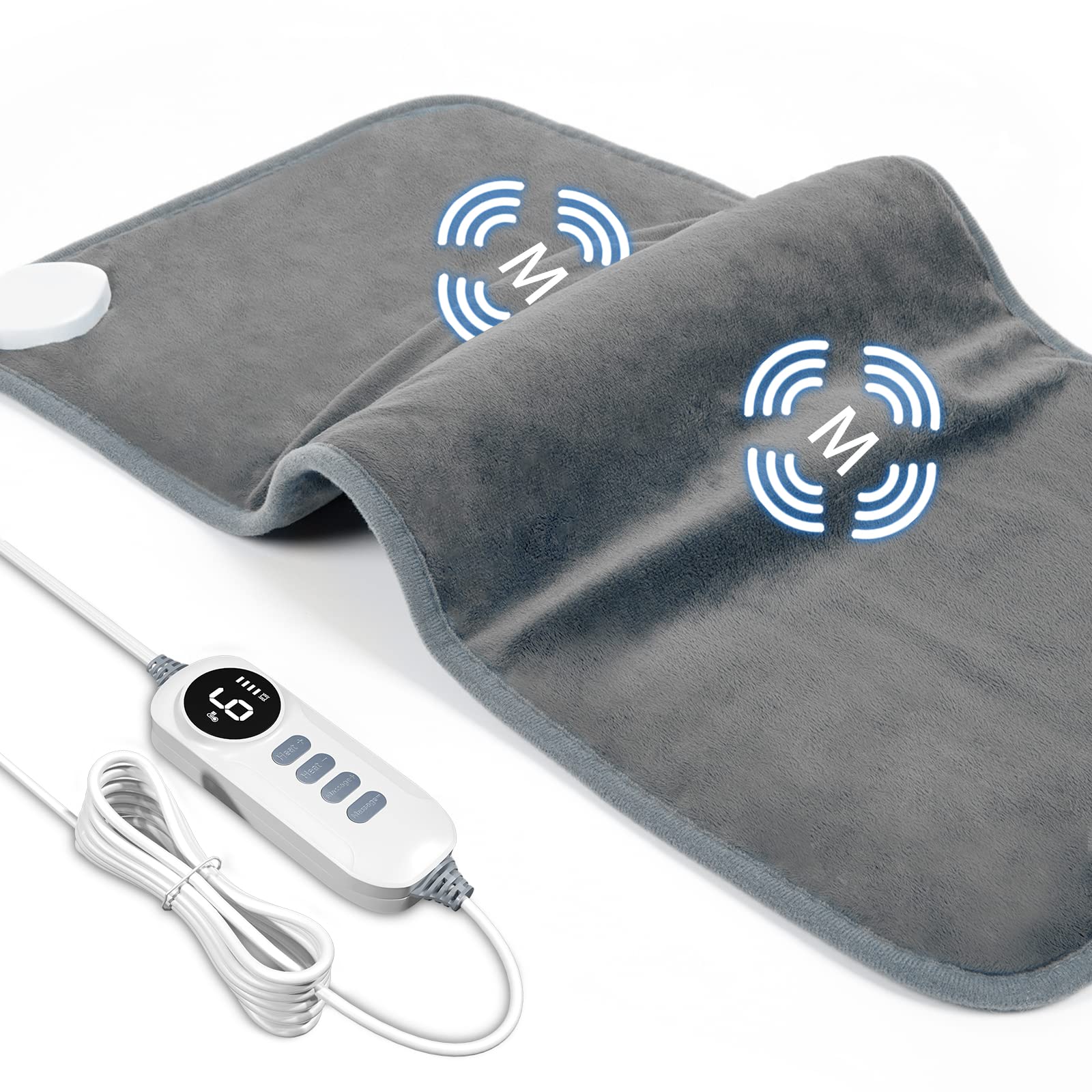 DAILYLIFE Massage Heating Pad, 12''x 24'' Electric Heated Pads with Massager, 4 Massage Modes, 6 Heat Settings, 24 Relaxing Combinations, Fast-Heating Technology, Auto Shut Off, UL Certification, Gray