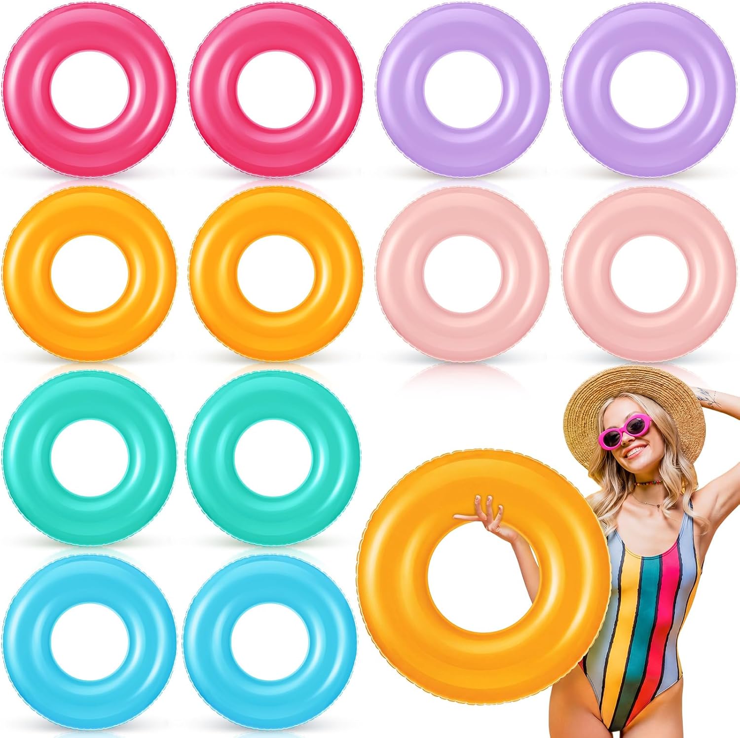Gemscream Small Inflatable Pool Float Bulk 23.62 Inches Swimming Ring Pool Floats Colorful Inflatable Tube for Adult Summer Vacation Beach River Bachelorette Wedding Party Supplies, 6 Colors