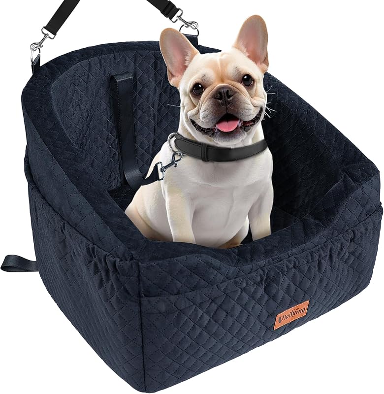 Vivifying Dog Car Seat, Memory Foam Dog Booster Seat for Small Up to 10KG, Detachable and Washable, Height Elevated with Storage Pockets (Black)