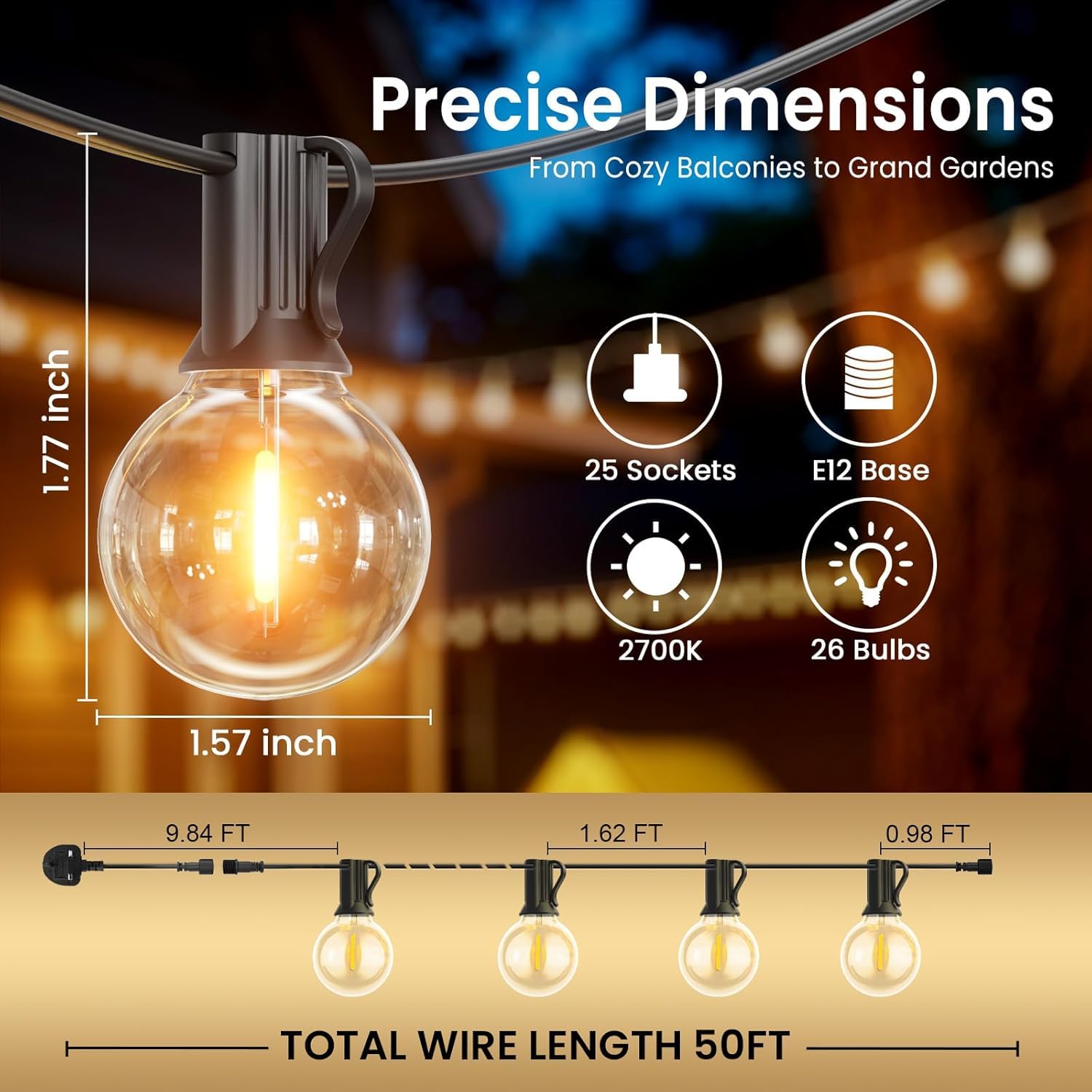 Cadena de luces para exteriores de 50 pies, luces LED conectables para patio con bombillas G40, regulables, impermeables, para exteriores, balcón, cenador (50 pies/26 piezas)