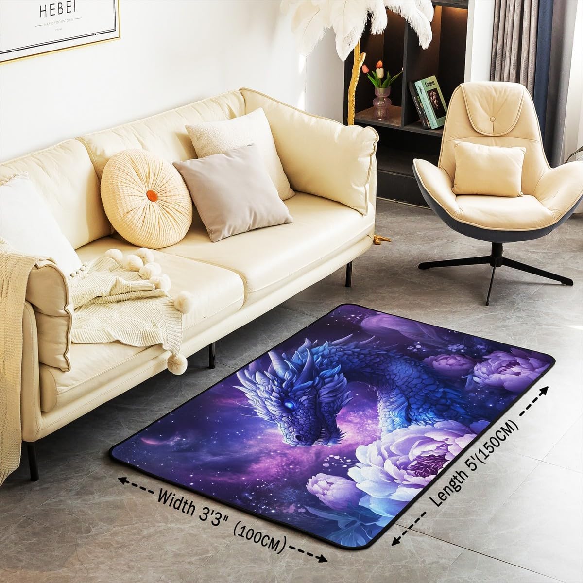 Erosebridal Dragon Area Rug 3x5, 3D Animals Printed Carpet, Safari Wildlife Flowers Non Slip Indoor Floor Mat for Bedroom Living Room, Black Purple Nebula Galaxy Kids Boys Washable Decorative Rug