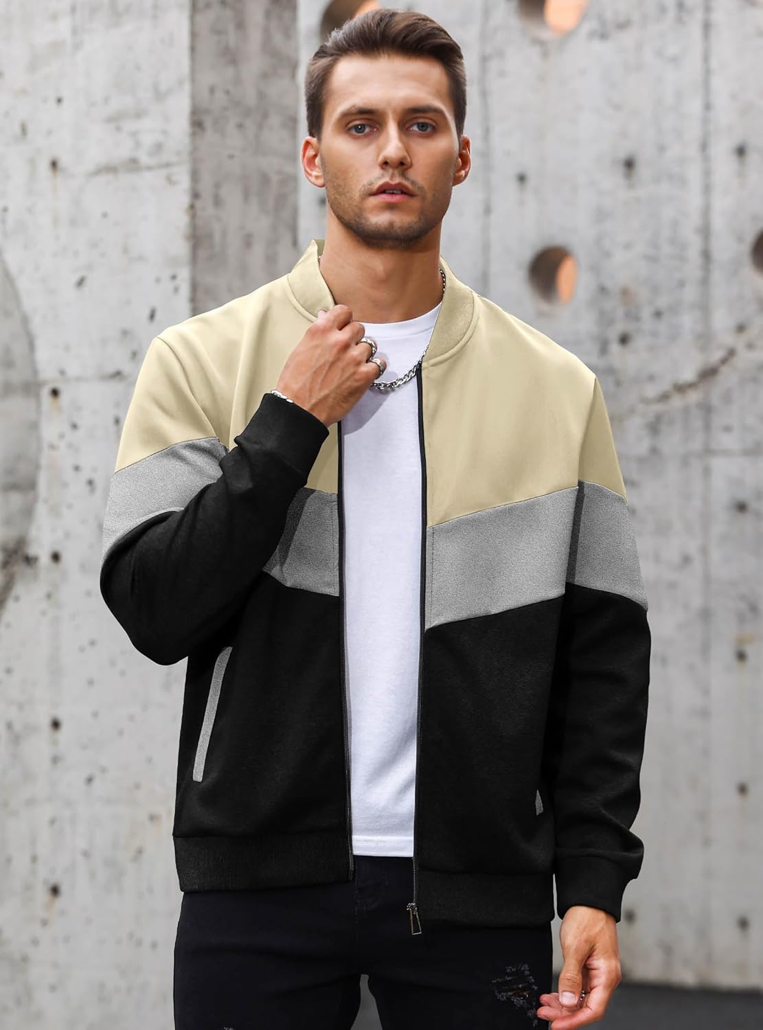HYPESTFIT Mens Lightweight Jacket Casual Bomber Jacket Color Block Varsity Coat