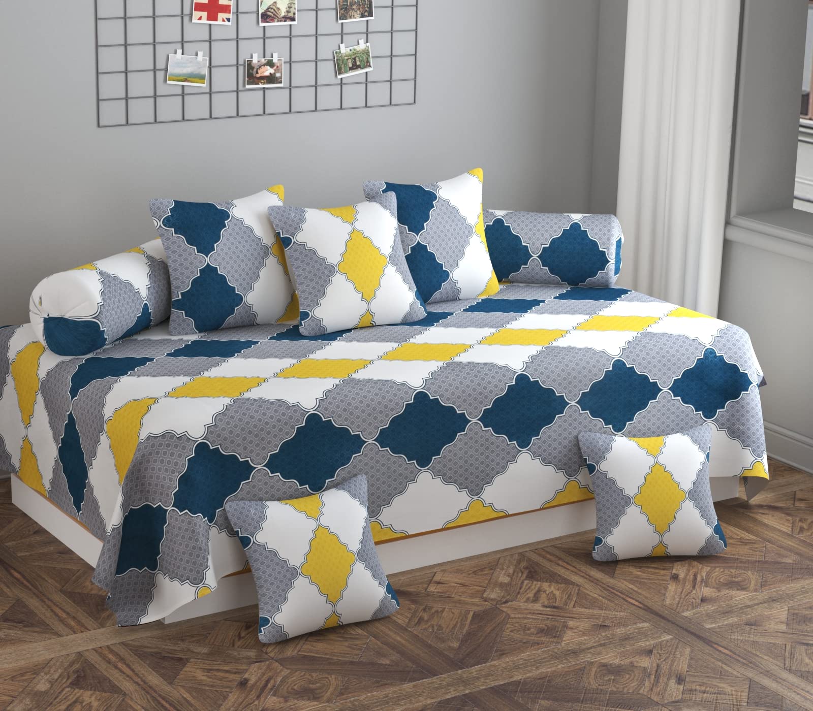 SHOMES Pure Soft Glace Cotton Geometric Printed Diwan Set Covers 8 Pieces - 1 Single Bed Sheet (60 X 90) with 5 Cushion (16 X 16), 2 Bolster Covers (16 X 32) - Yellow-picture-10