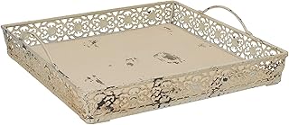 Antique Finished Metal Wood Artisanal Square Tray Decorative Serving Tray with 2 Handles Wedding Gift Decor (Beige)