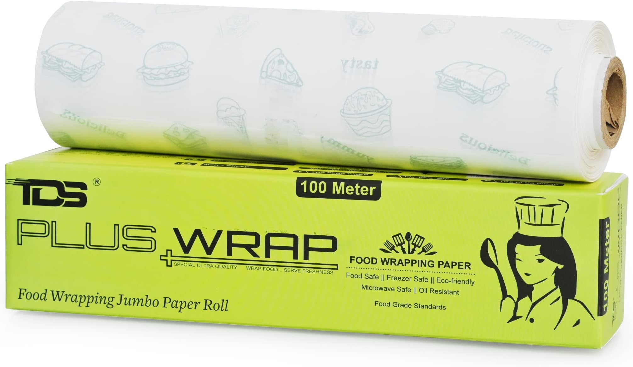 TDS PLUS WRAP Printed Butter Paper for Food Wrapping White Printed (1 Kg) Water & Grease Resistant Biodegradable Parchment Roll Non-Stick Re-heatable Oven Safe Roll Foodsafe Packing & Serving