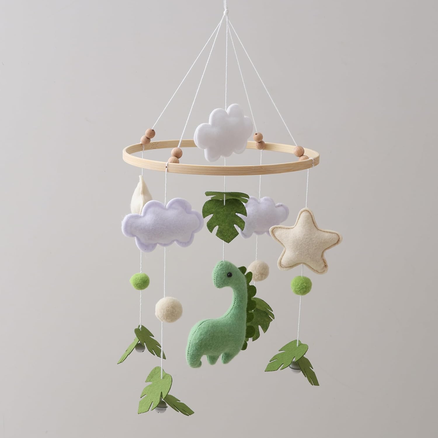Mobile for Crib – Handmade Dinosaur Jungle Baby Mobile with Leaves & Stars, Baby Mobile for Crib Felt Hanging Toy Nursery Mobiles with Beech Wood Ring, Bassinet Mobile Dino Nursery Decor