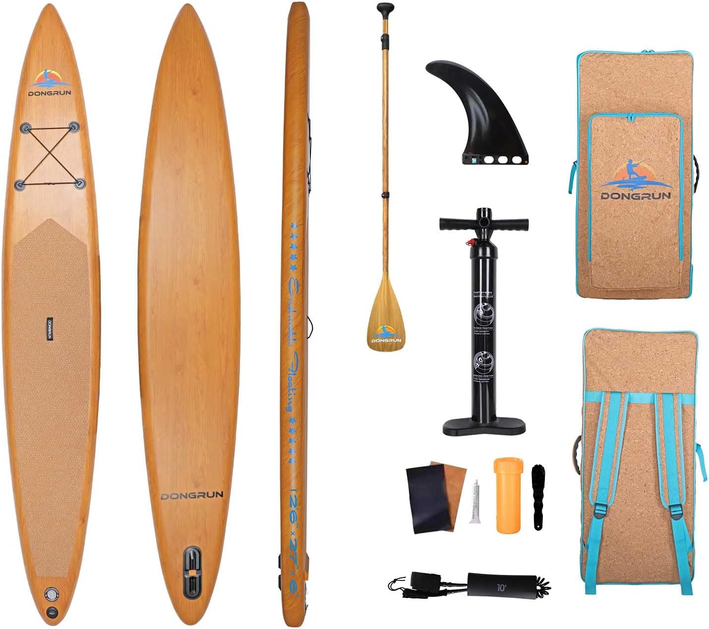 Inflatable Stand Up Paddle Board, Reinforced Double Layer Racing Paddleboard12'6 * 27"*6" with Wood Grain PVC and Oak Non-Slip Mat Package Wood Grain Aluminum Paddle fins Oak Backpack Included