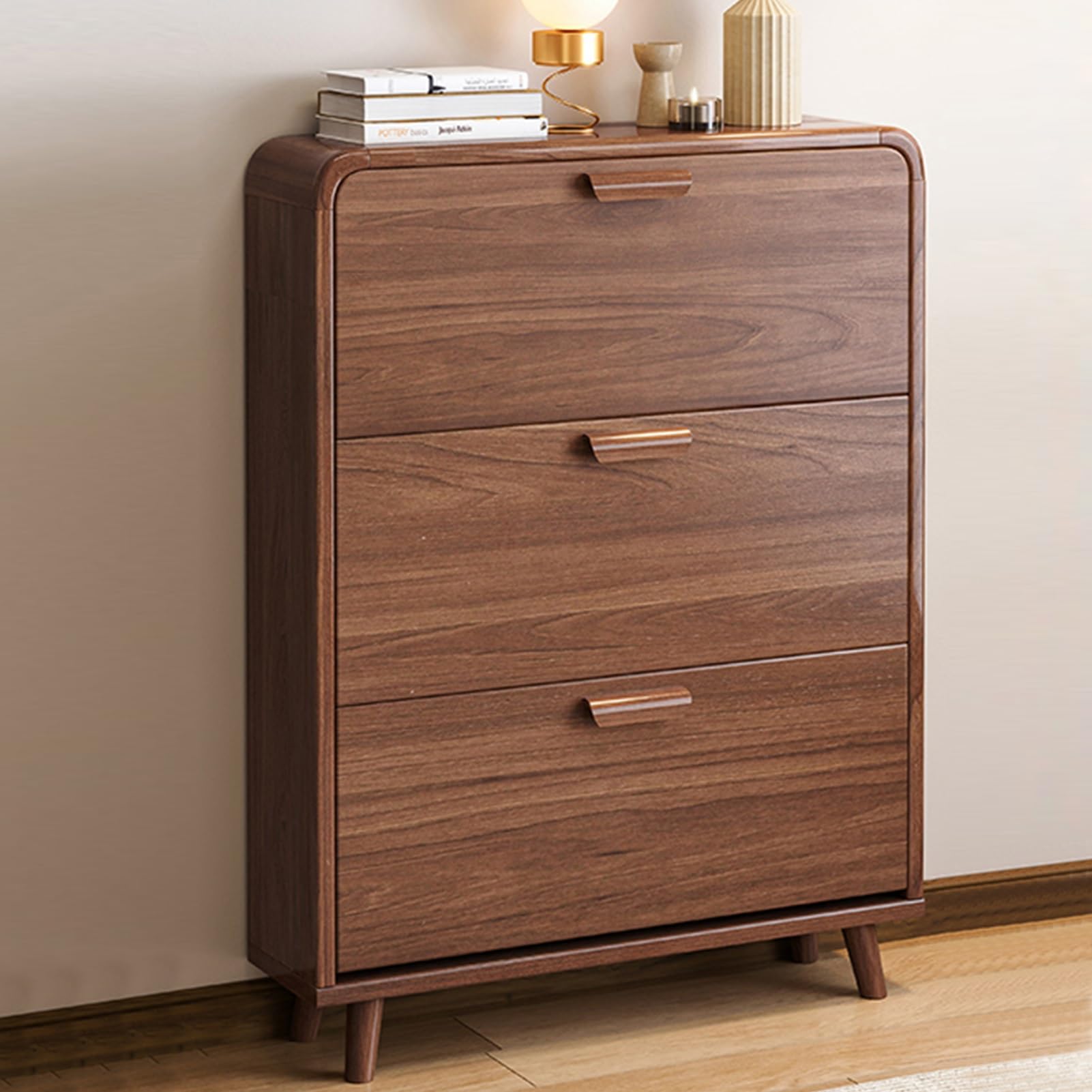 Meuble de rangement autonome en bois marron avec étagères réglables pour entrée moderne