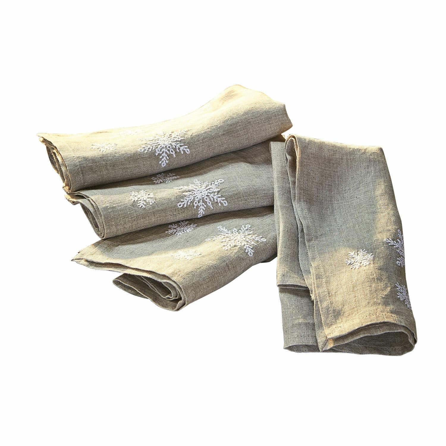 LOBERON Serviette 4er Set Ruspi, leinen | Schneeflocken-Stickerei - Festliche Tischdekoration - Strapazierfähig - Leinenserviette - Weihnachtsdeko - Weihnachtlich