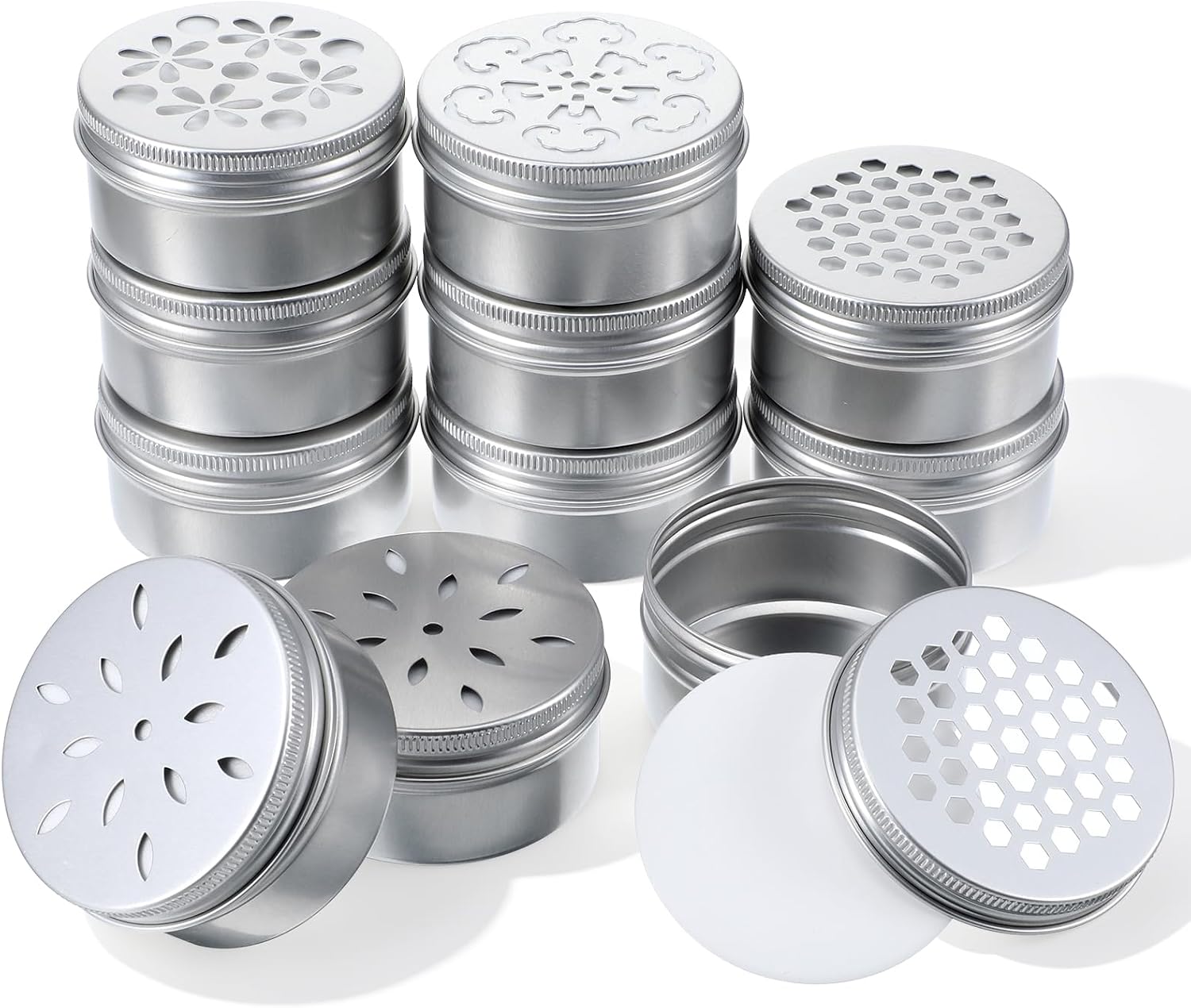 24 Pack 2 oz Tins with Lids, 60ml Small Aluminum Screw Top Round Jars - Baking Soda Container Scent Beads Storage, 4 Styles Decorative Hollow Lids for Aromatherapy, Candles, Travel, Crafts