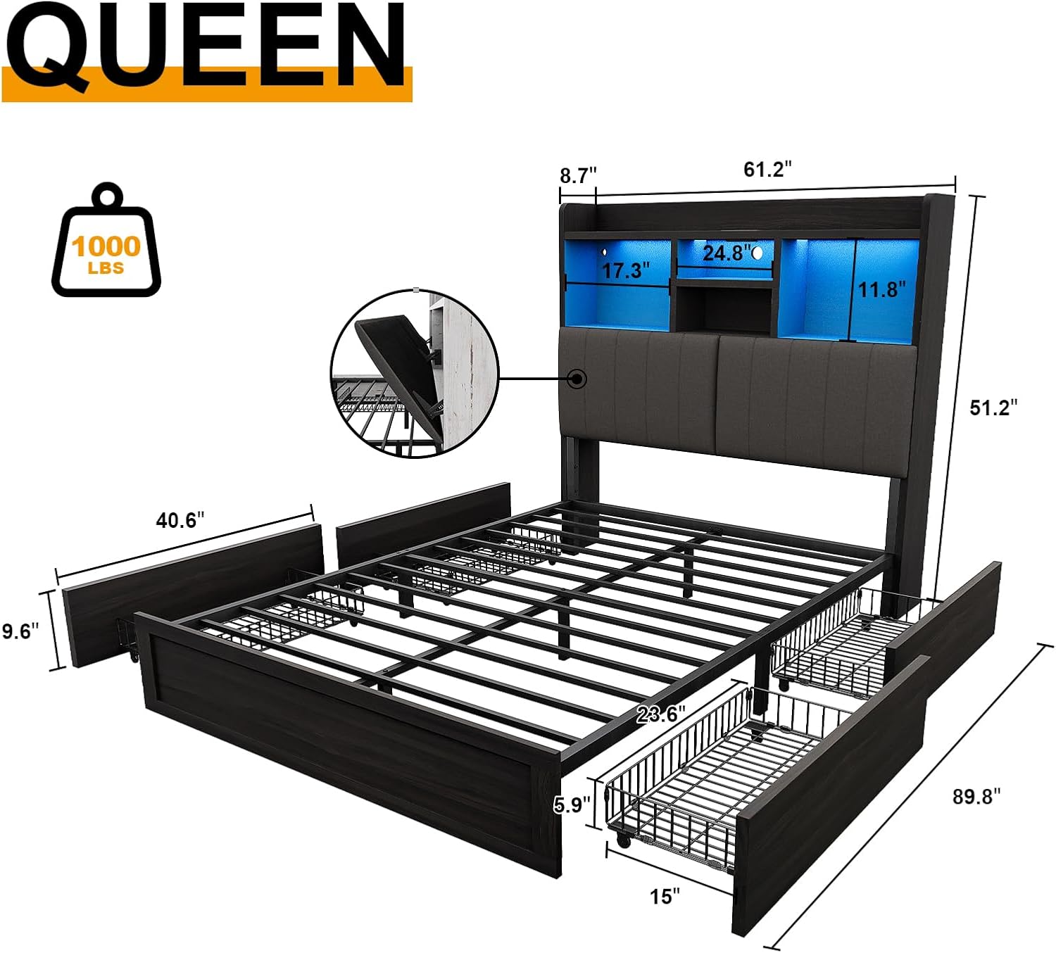 Queen Bed Frame with Bookcase Headboard, Farmhouse Upholstered Platform Bed with 4 Storage Drawers, LED Bed with Charging Station, Wood Slats Support, No Box Spring Needed, Noise-Free, Black