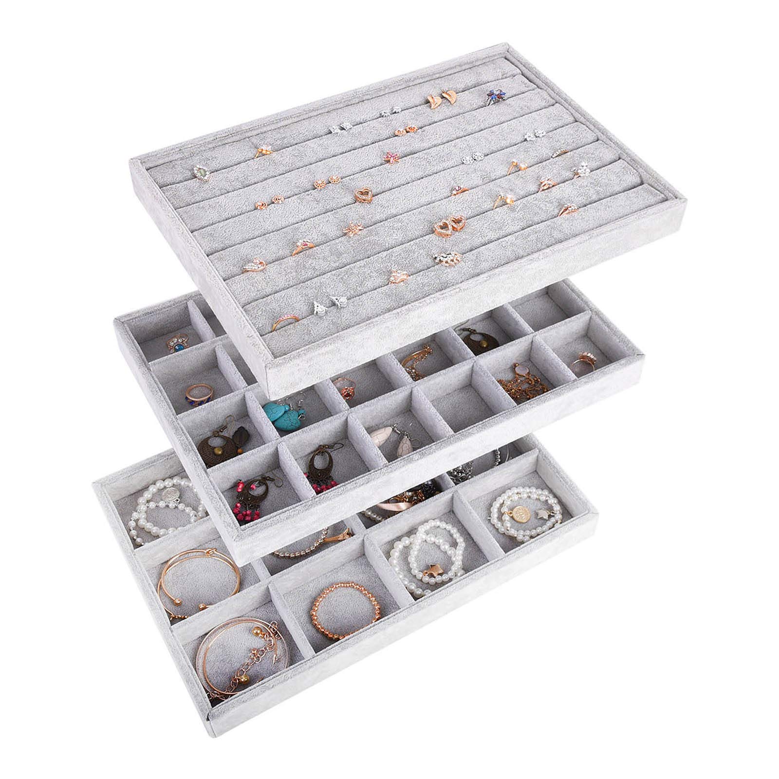 Autoark Ice Velvet Stackable Jewelry Tray Showcase Display Organizer,Set of 3,AJ-076