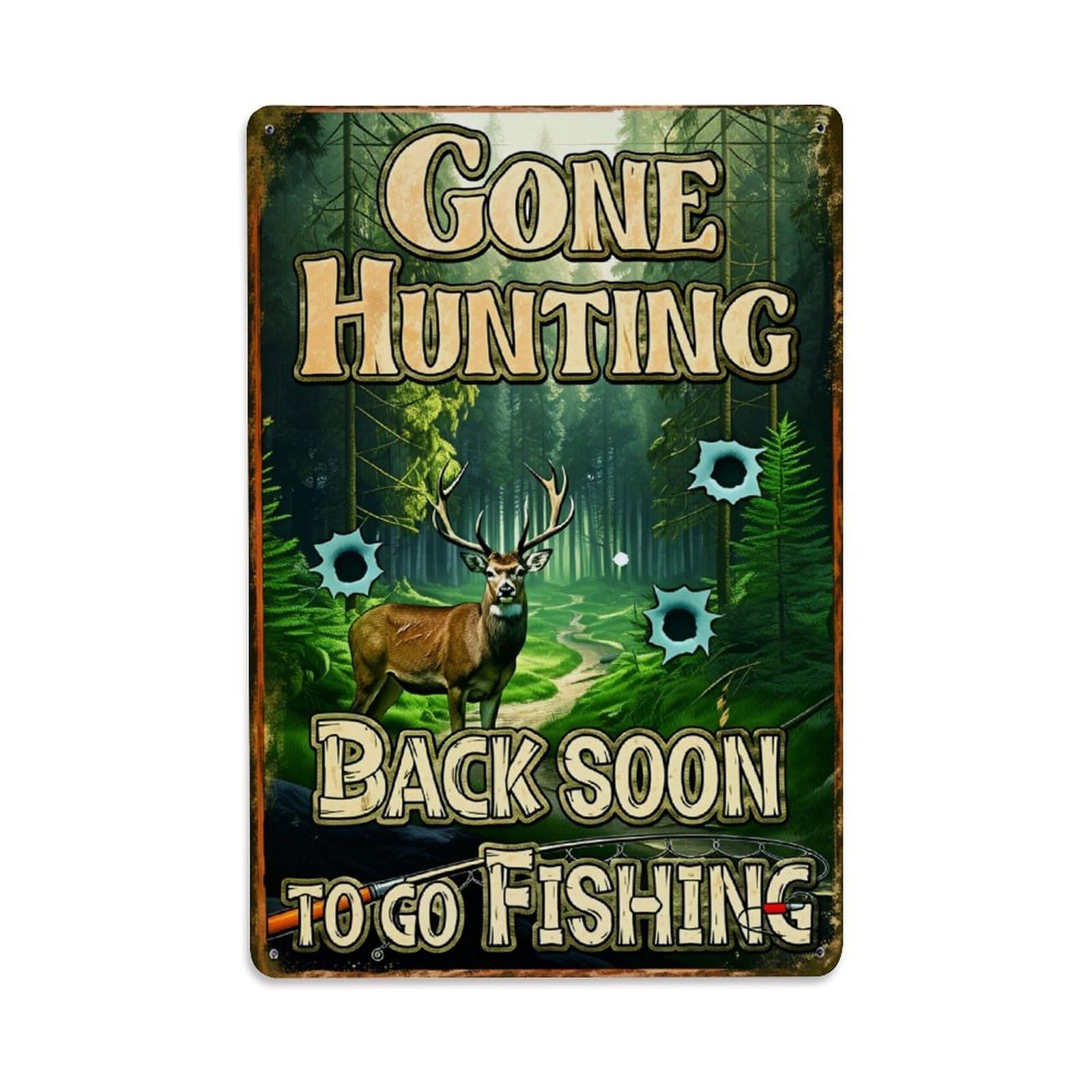 Enderetf Vintage Deer Forest Path Fishing Rod Tin Sign Metal Poster, Home Bar Garage Man Cave Cafe Indoor & Outdoor Wall Decoration 8X12inches