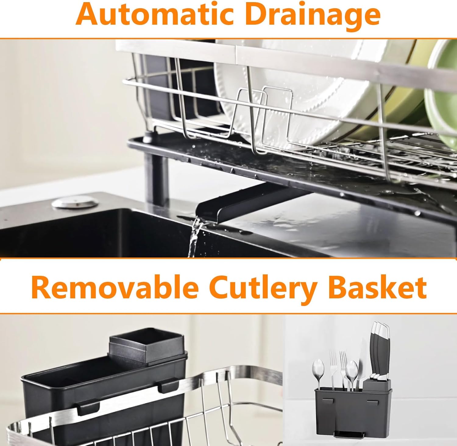 AIDERLY Stainless Steel Dish Drying Rack with Drainboard Dish Drainers for Kitchen Counter Extendable Spout Strainers with Utensil Holder and Knife Slots, Black
