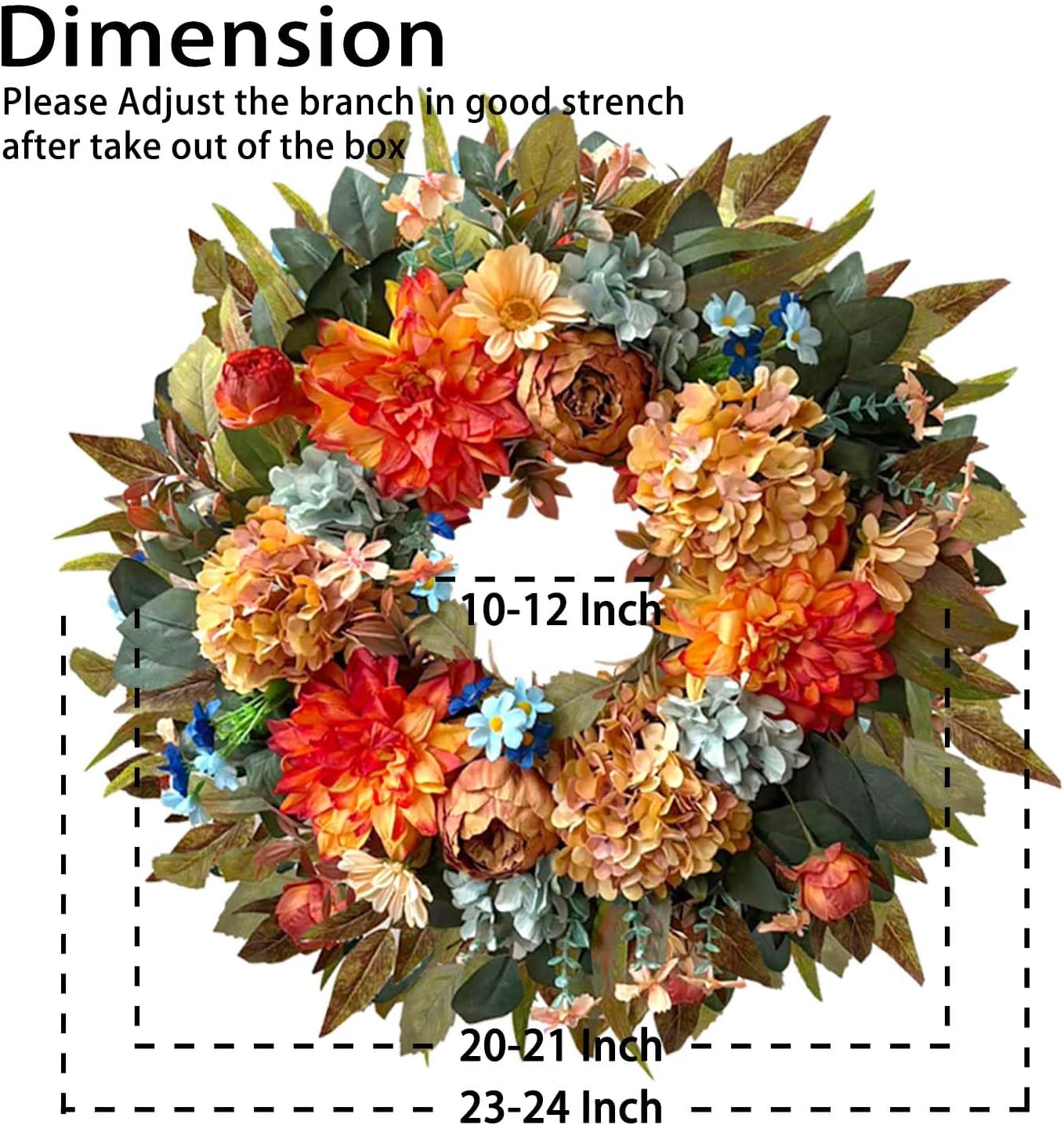 WANNA-CUL 24 Inch Fall Hydrangea Peony Wreath Front Door Wreath | Orange Dahlia Autumn Seasonal Wreath for Farmhouse Indoor Outdoor Spring Summer Thanksgiving Holiday Decor