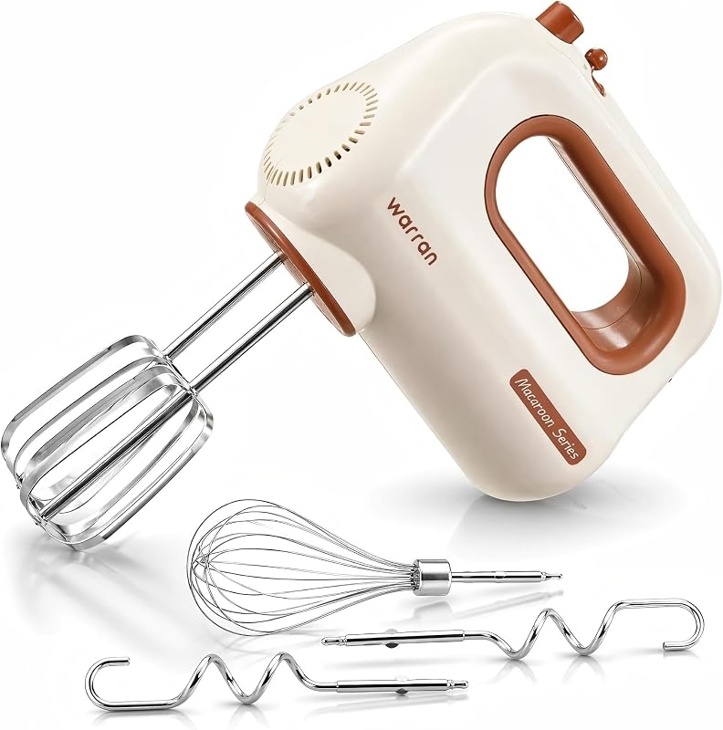 300W Compact Lightweight Electric Hand Mixer, with Powerful Quiet DC Motor for Baking, Cake, Brownies, Cookie Dough, Ideal for Home Kitchen (White)