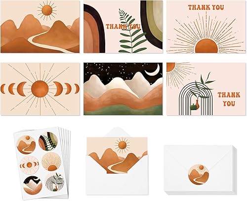 Tarjetas de agradecimiento bohemias a granel, paquete de 24 tarjetas de agradecimiento geométricas abstractas con sobres, calcomanías bohemias en
