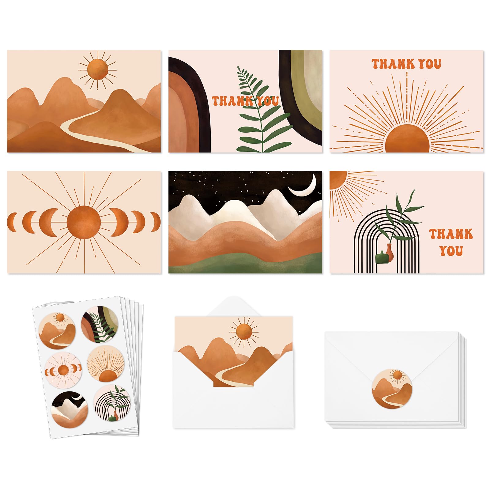 AnyDesign Boho Thank You Cards Bulk 24 Pack Abstract Geometric Thank You Note Cards with Envelopes Stickers Boho Blank Greeting Cards for Wedding Baby